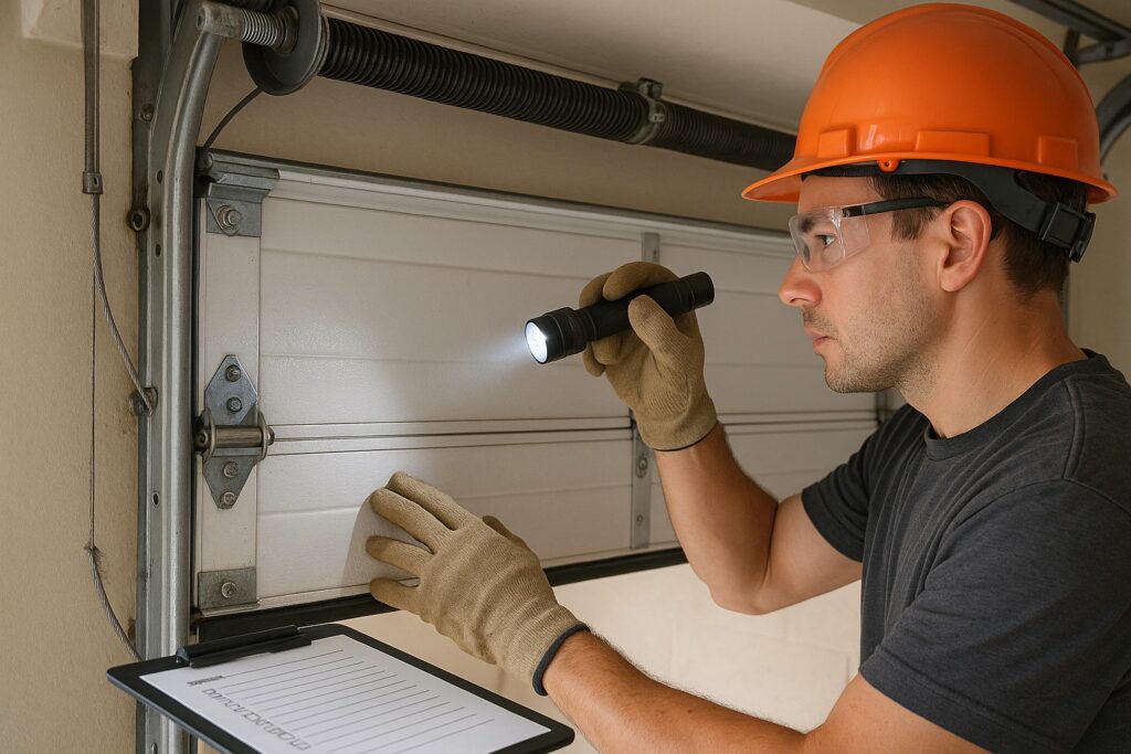 Man conducting garage door maintenance by inspecting torsion springs with a flashlight and checklist for monthly observations.