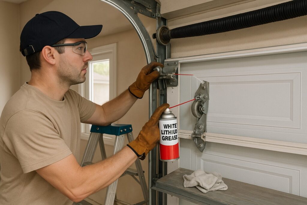 Technician applying white lithium grease to garage door hinges and rollers as part of routine garage door maintenance for smooth and quiet operation.