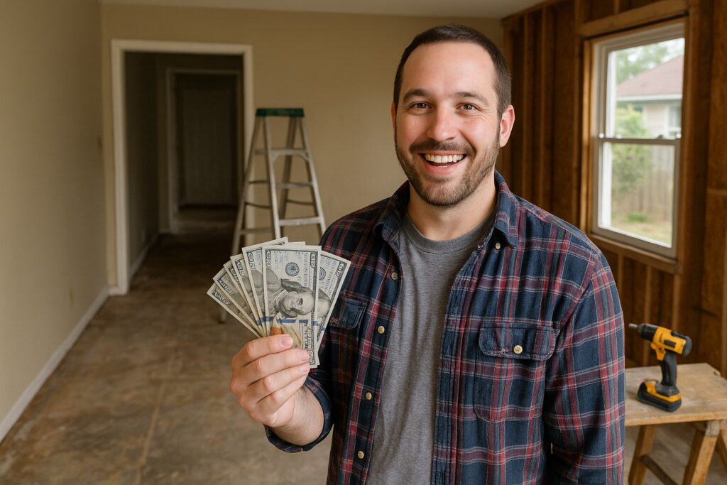 Smiling homeowner holding cash inside a renovated space, symbolizing the strong return on investment (ROI) and increased resale value that comes with a high-quality new garage door installation.