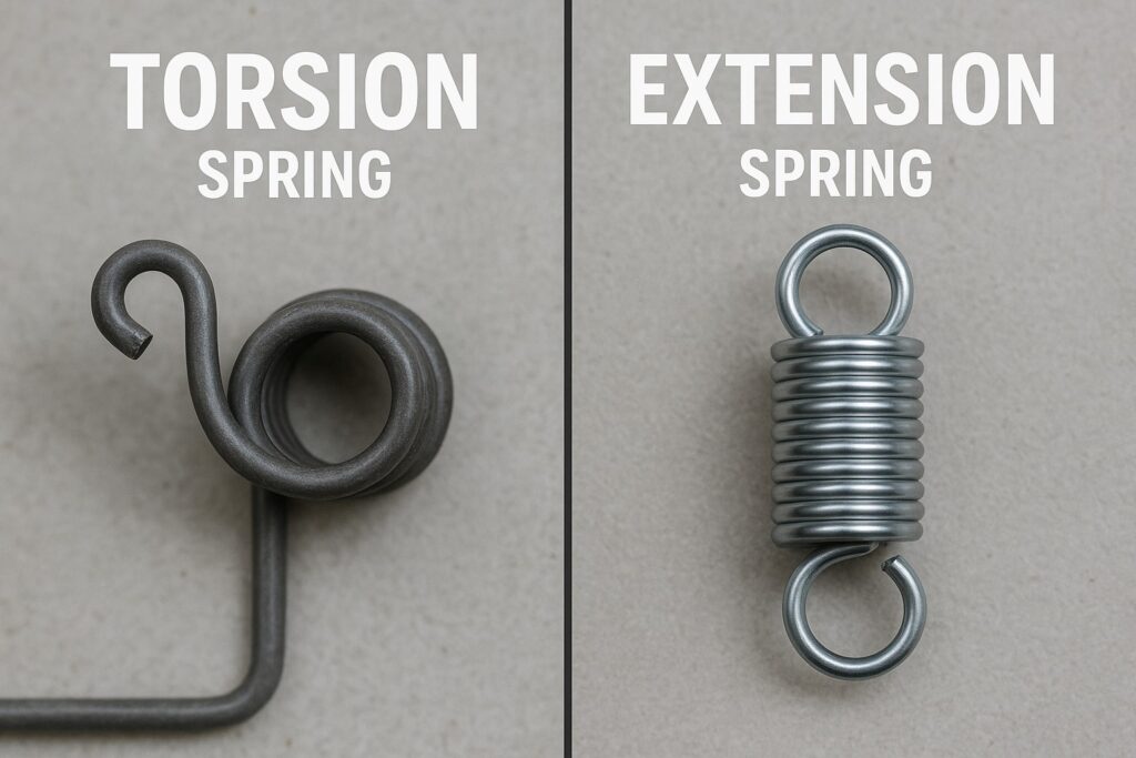 Side-by-side comparison of torsion spring and extension spring used in garage doors, essential for emergency garage door repair identification.