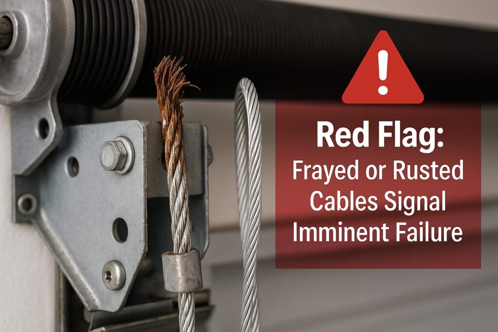 Close-up of frayed and rusted garage door cable with warning sign stating 'Red Flag: Frayed or Rusted Cables Signal Imminent Failure,' highlighting the need for garage door cable replacement.