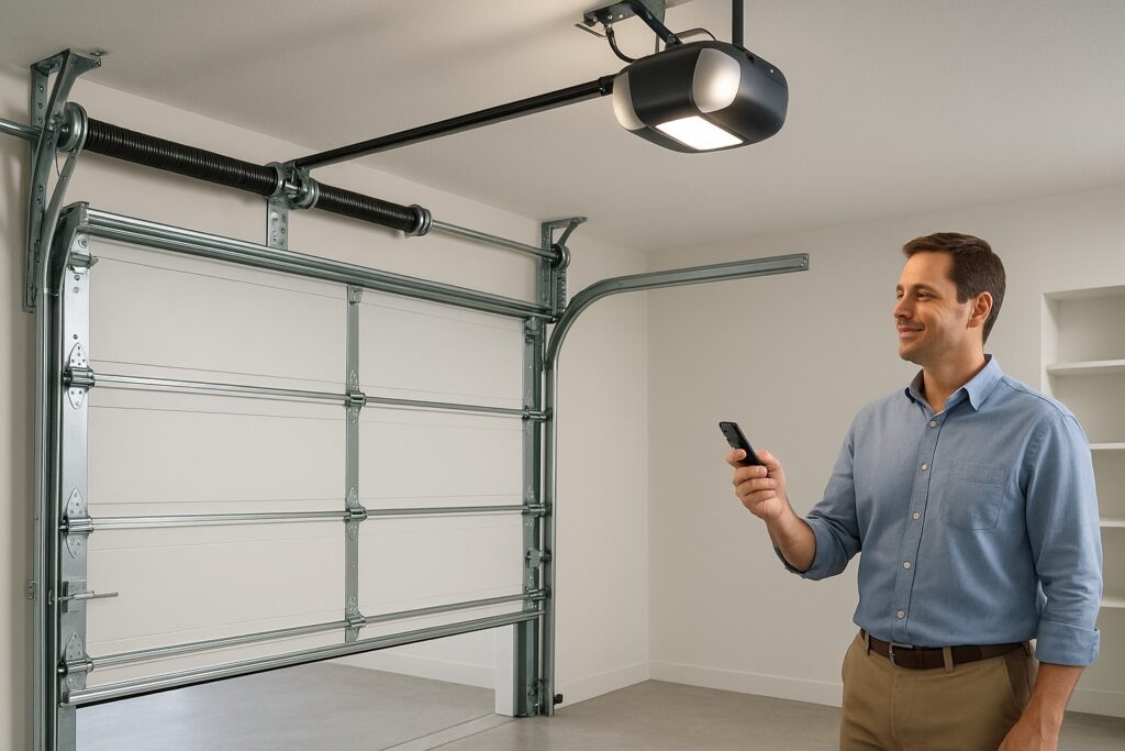 Man operating a new garage door with a remote control inside a clean, modern garage equipped with an upgraded opener system and torsion spring mechanism.