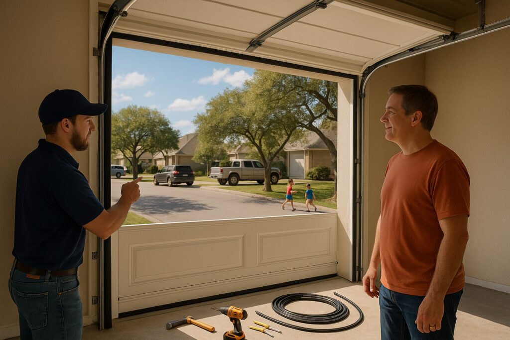 Garage door technician explaining repair process to homeowner with tools ready, showing professional service to repair garage door.