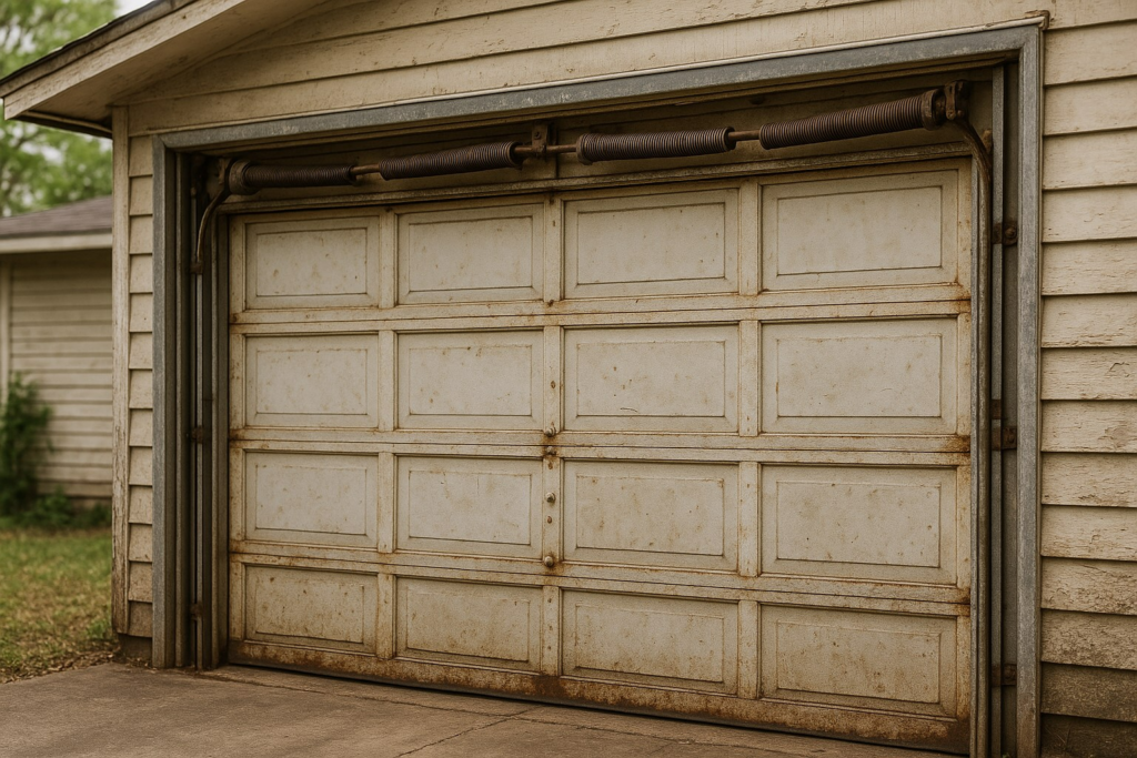 Old weathered garage door with rust and wear needing garage door repairs.
