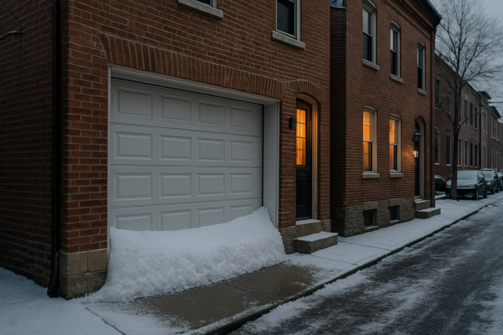 Garage door with weather stripping keeping snow piled outside during winter.