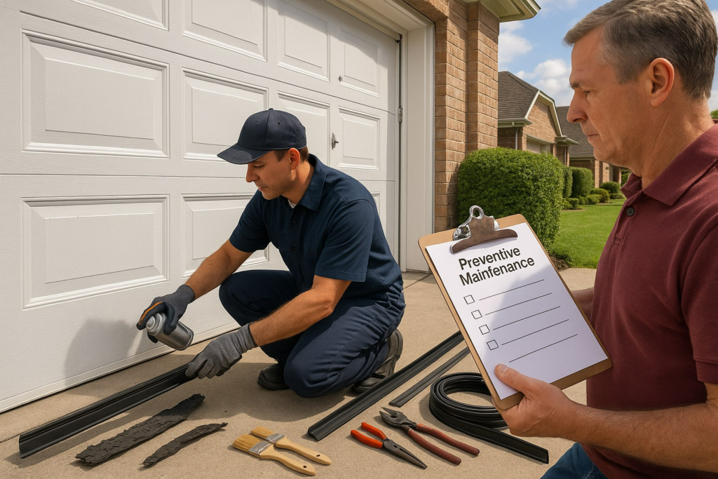 Technician performing preventive maintenance by replacing garage door weather stripping while homeowner checks checklist.