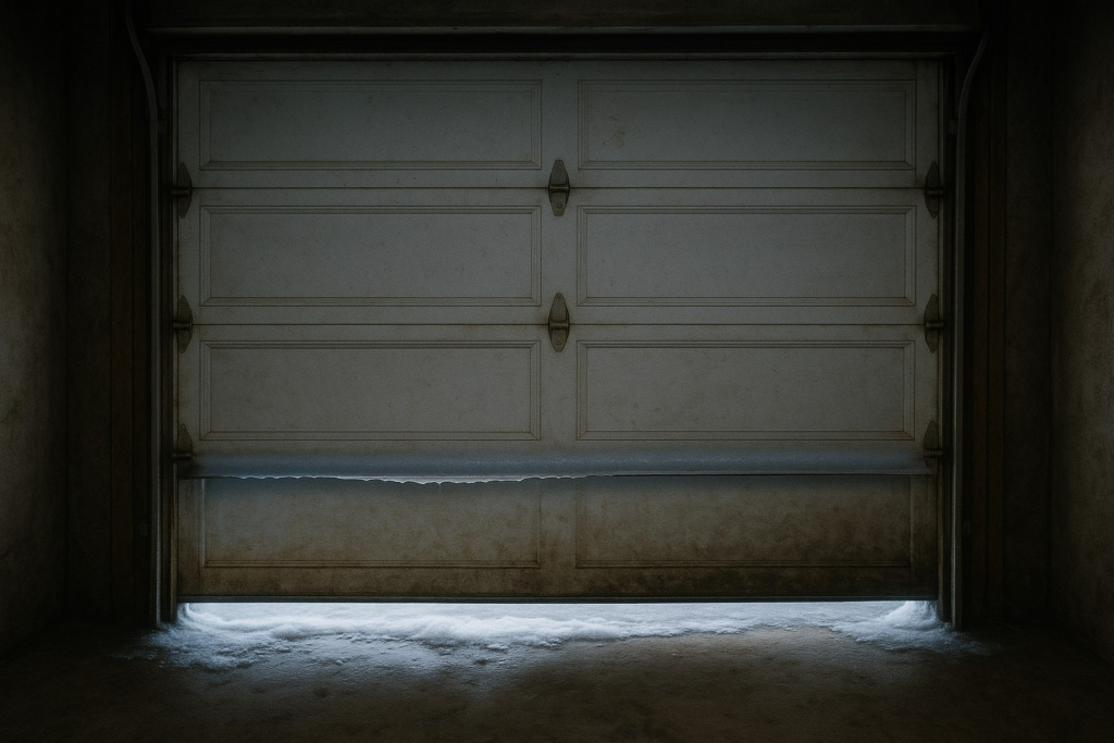 Snow entering through gap under garage door, showing poor insulation and urgent need to repair garage door.