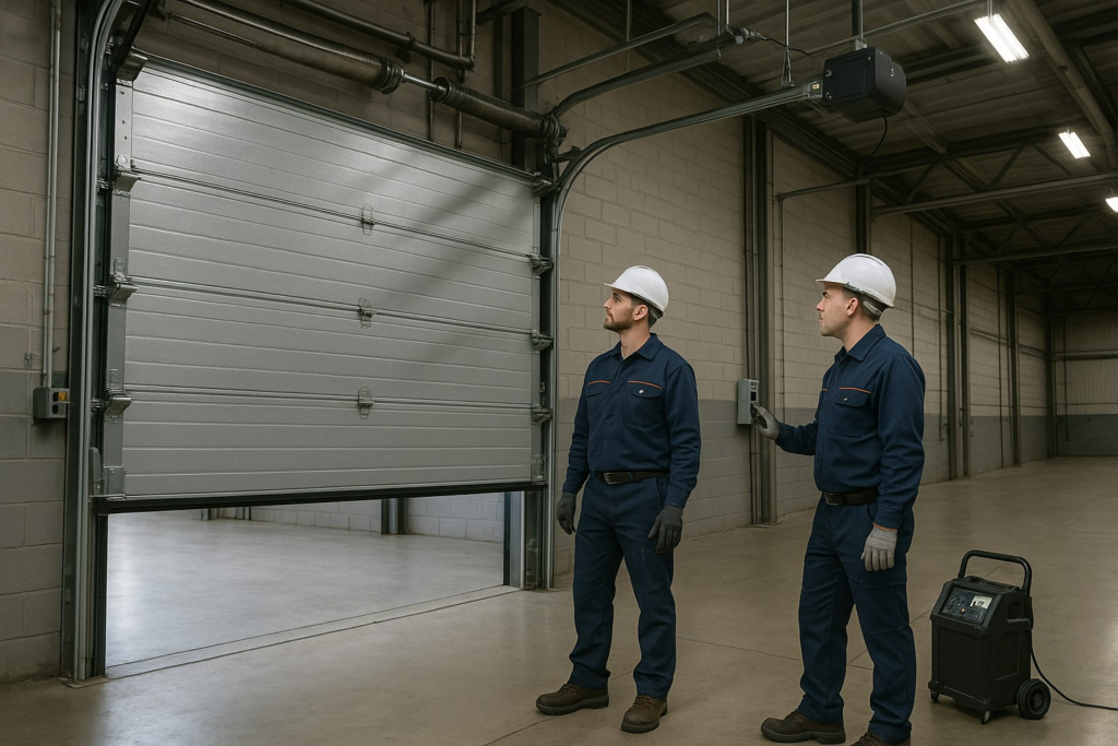 Technicians in safety gear inspecting automated commercial garage door system during operation.