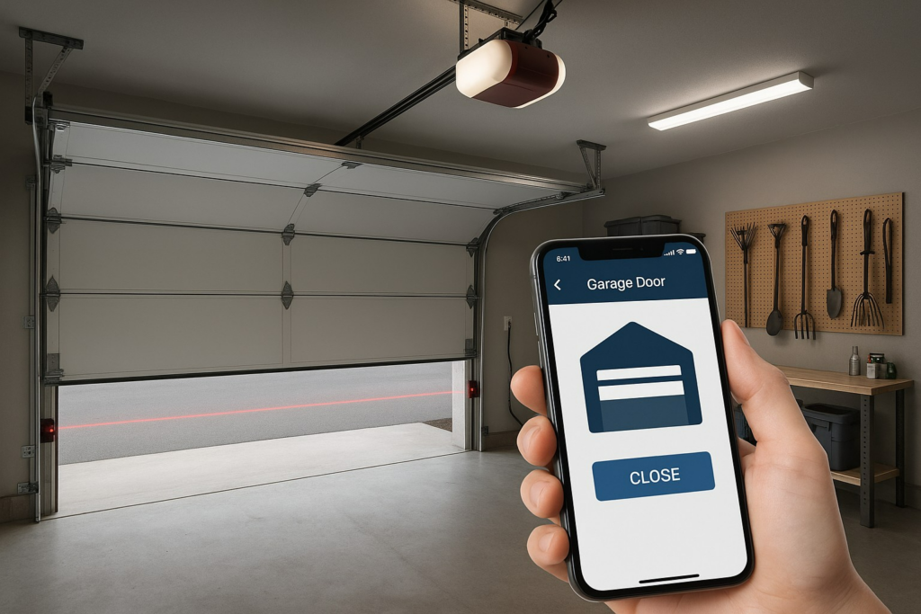 Smartphone app controlling modern garage doors with opener inside garage.