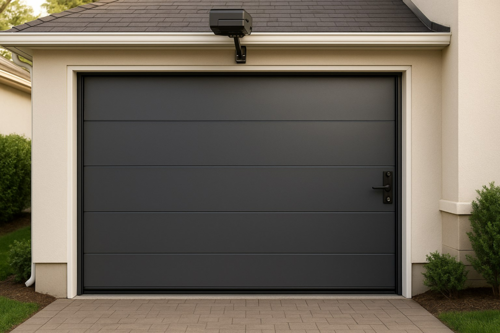 Black modern garage doors with sleek steel design on residential home.