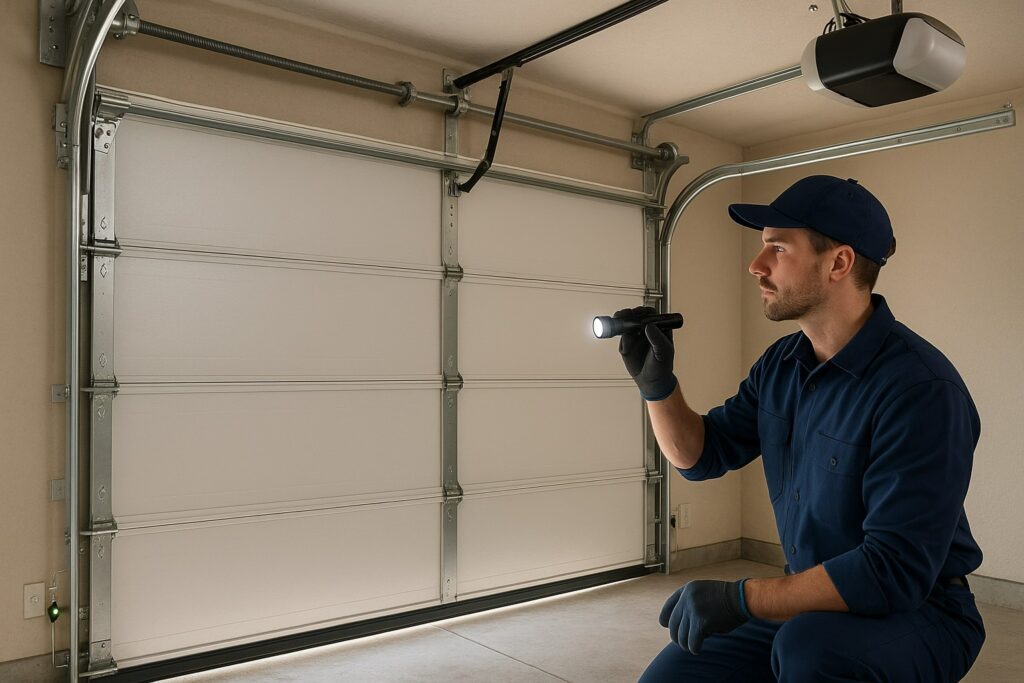 Professional garage door technician inspecting the bottom seal and track alignment using a flashlight to ensure smooth operation and proper closure.