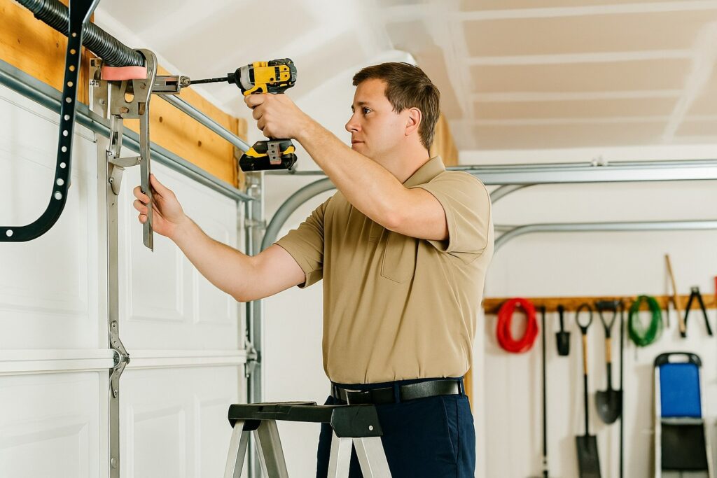 Technician performing a garage door tune-up, tightening and adjusting torsion spring hardware for proper tension and safe operation.