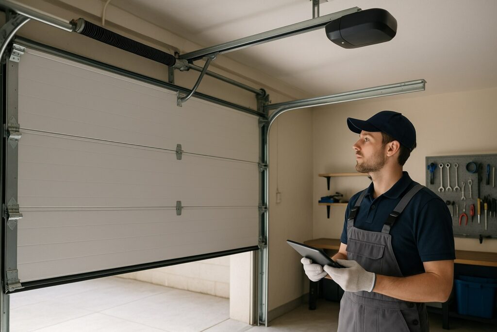 Technician performing a garage door tune-up, inspecting the door mechanism and opener system for smooth operation and safety.