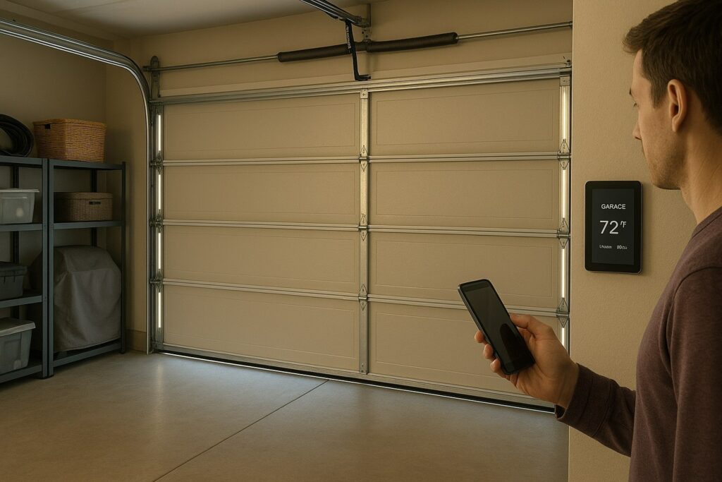 Technician using smartphone to test smart system after garage door opener repair in energy-efficient garage.